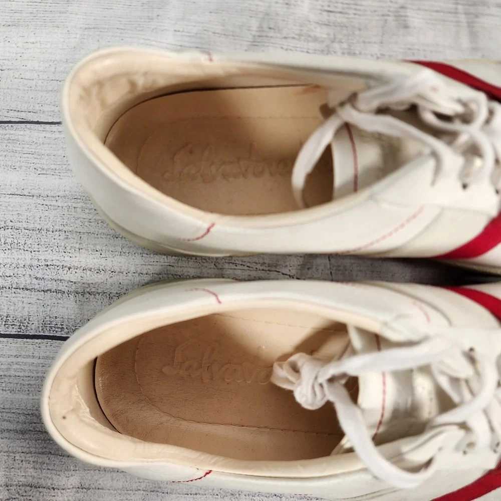 Salvatore Ferragamo Mens 12 White Leather Suede Red Stripe Low Top Sneakers